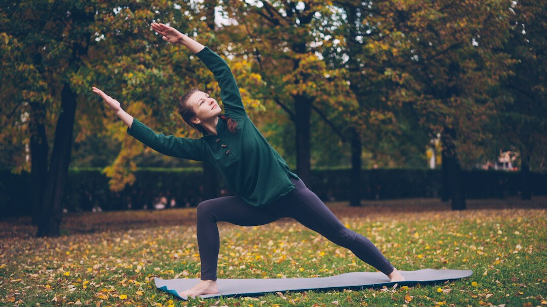 senior doing yoga in park