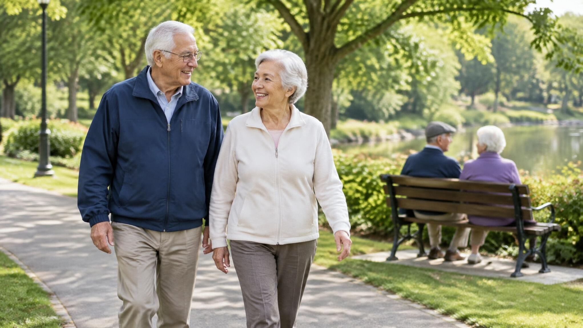 senior couple walking in park