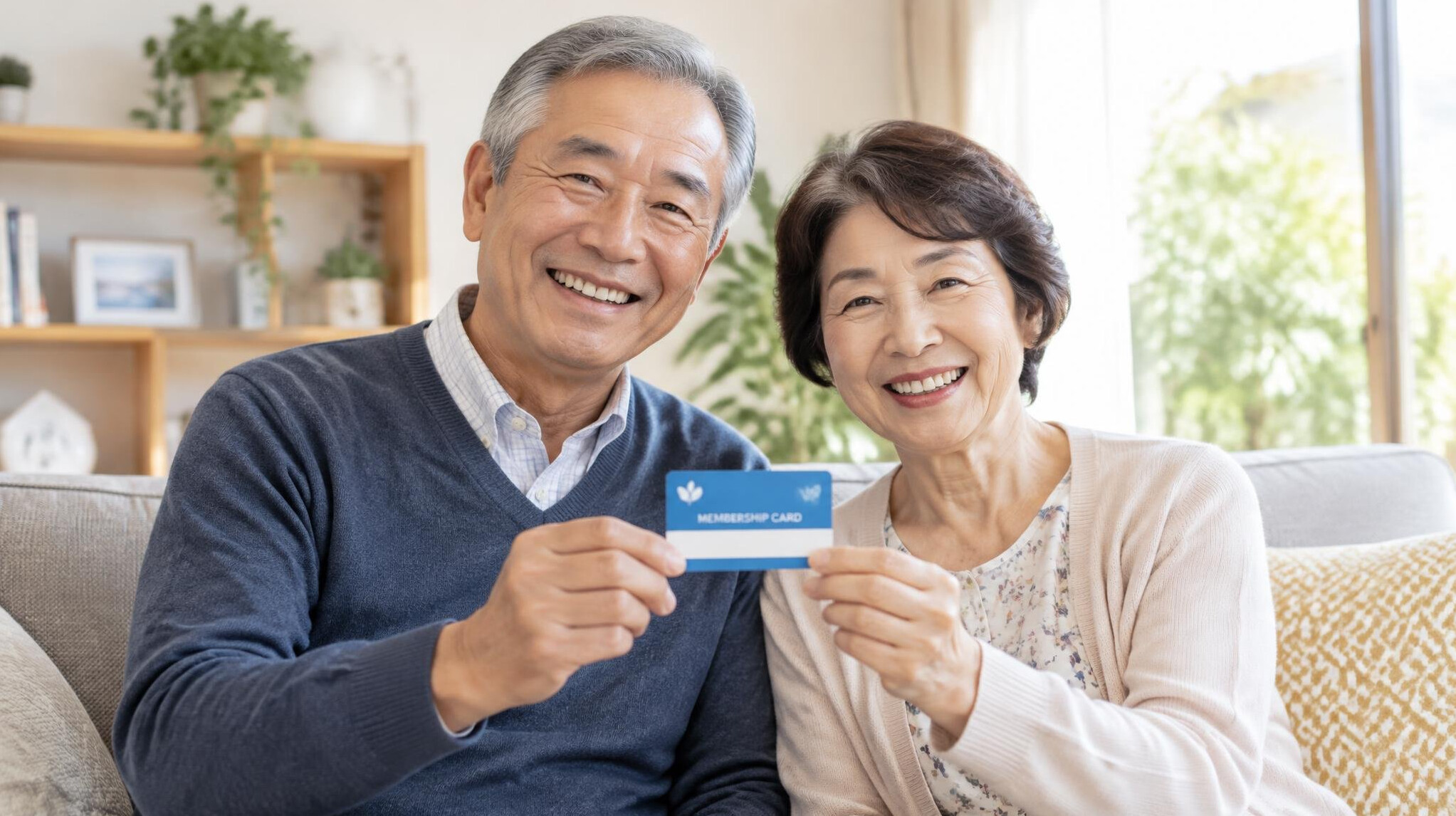 Two Japanese seniors smiling while holding a membership card